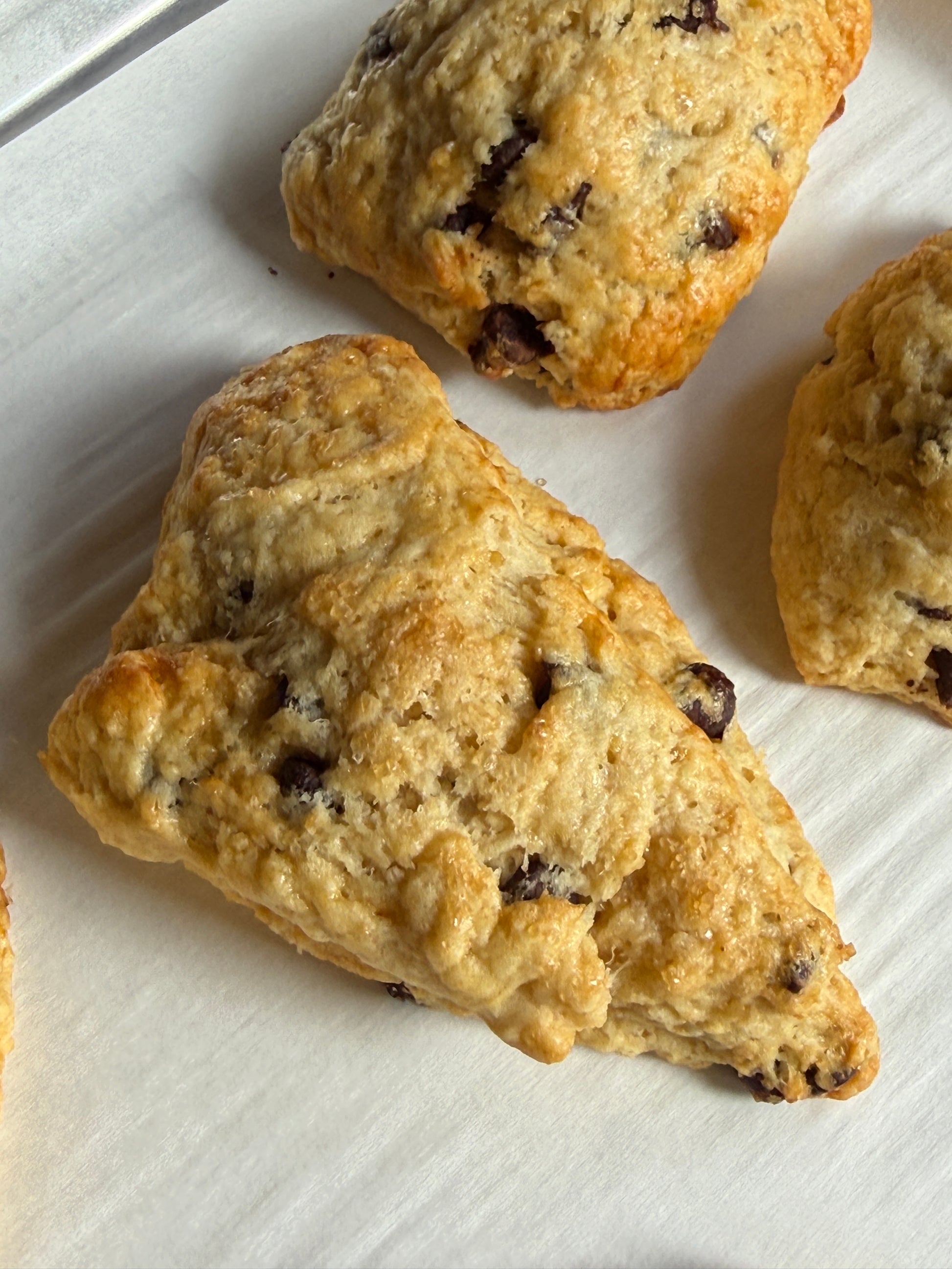 Chocolate chip scones on a white surface